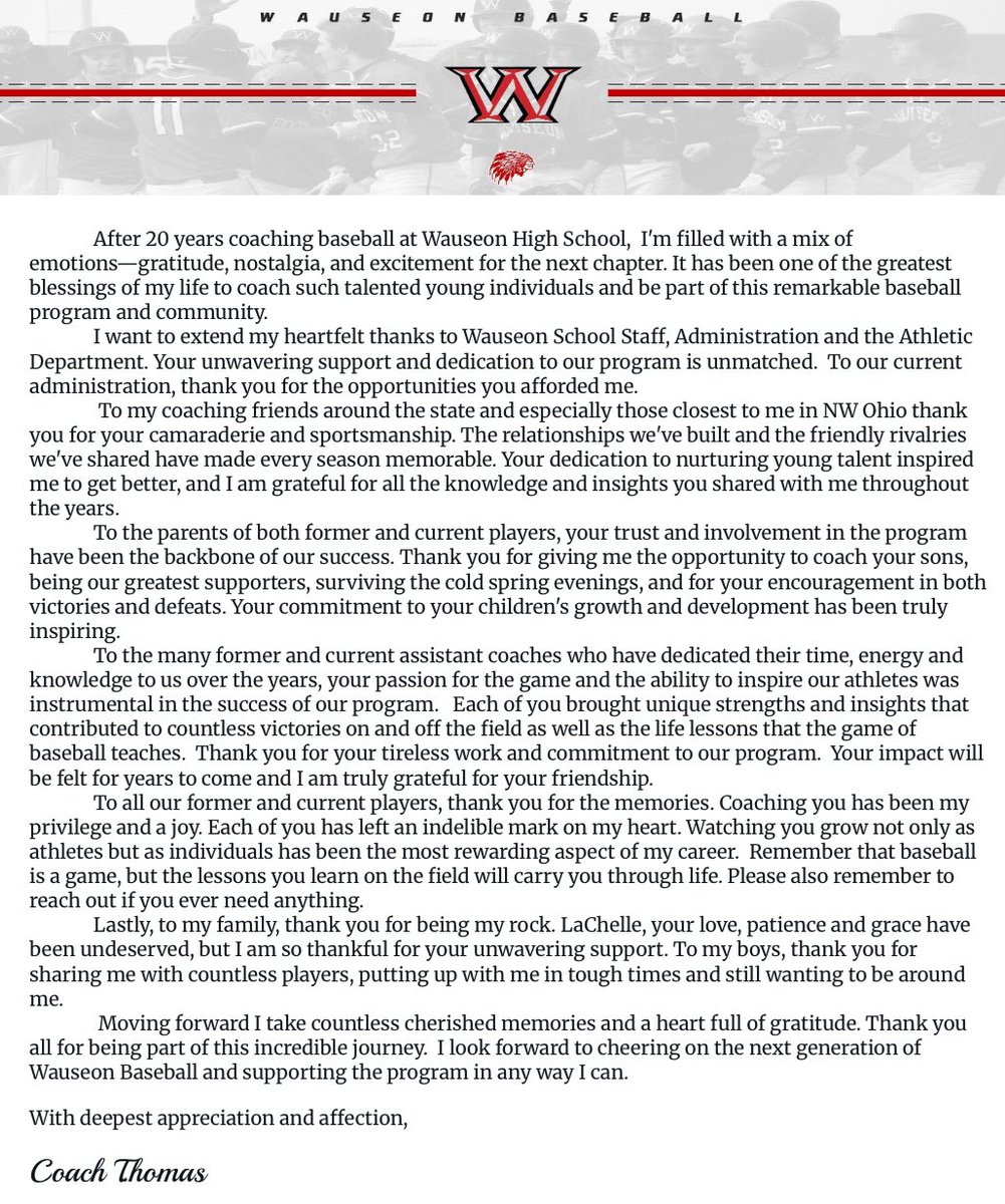 Thank You Wauseon Baseball Community.