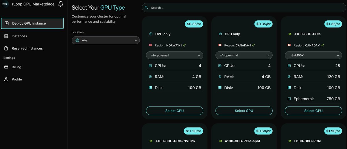 Whether you’re in the US, Canada, Norway or beyond, rLoop connects you with GPUs hosted in multiple regions for low-latency, high-performance computing. 

Configure your rental to fit your needs - RAM, storage, duration and pay securely with crypto

Experience seamless,