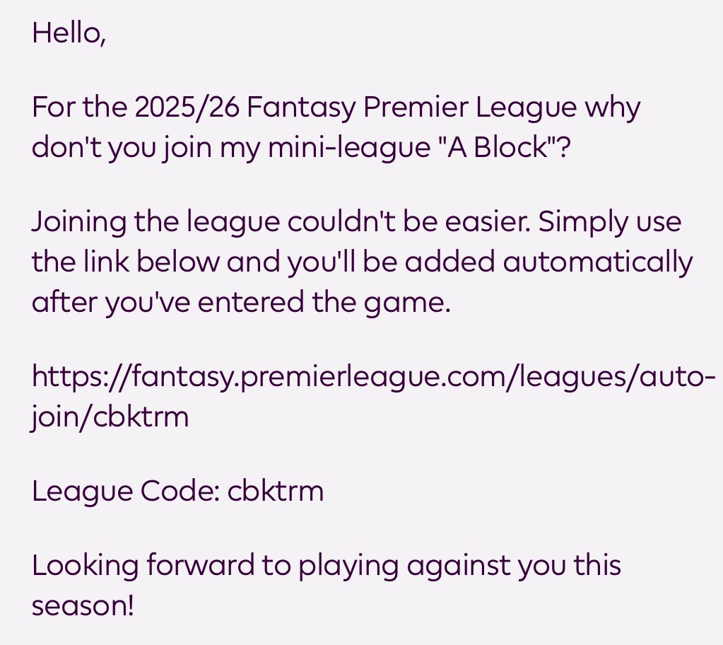 Join A Block <a href="/OfficialFPL/">Fantasy Premier League</a> ⚽️

League Code = cbktrm 

#FPL #NFFC #COYR