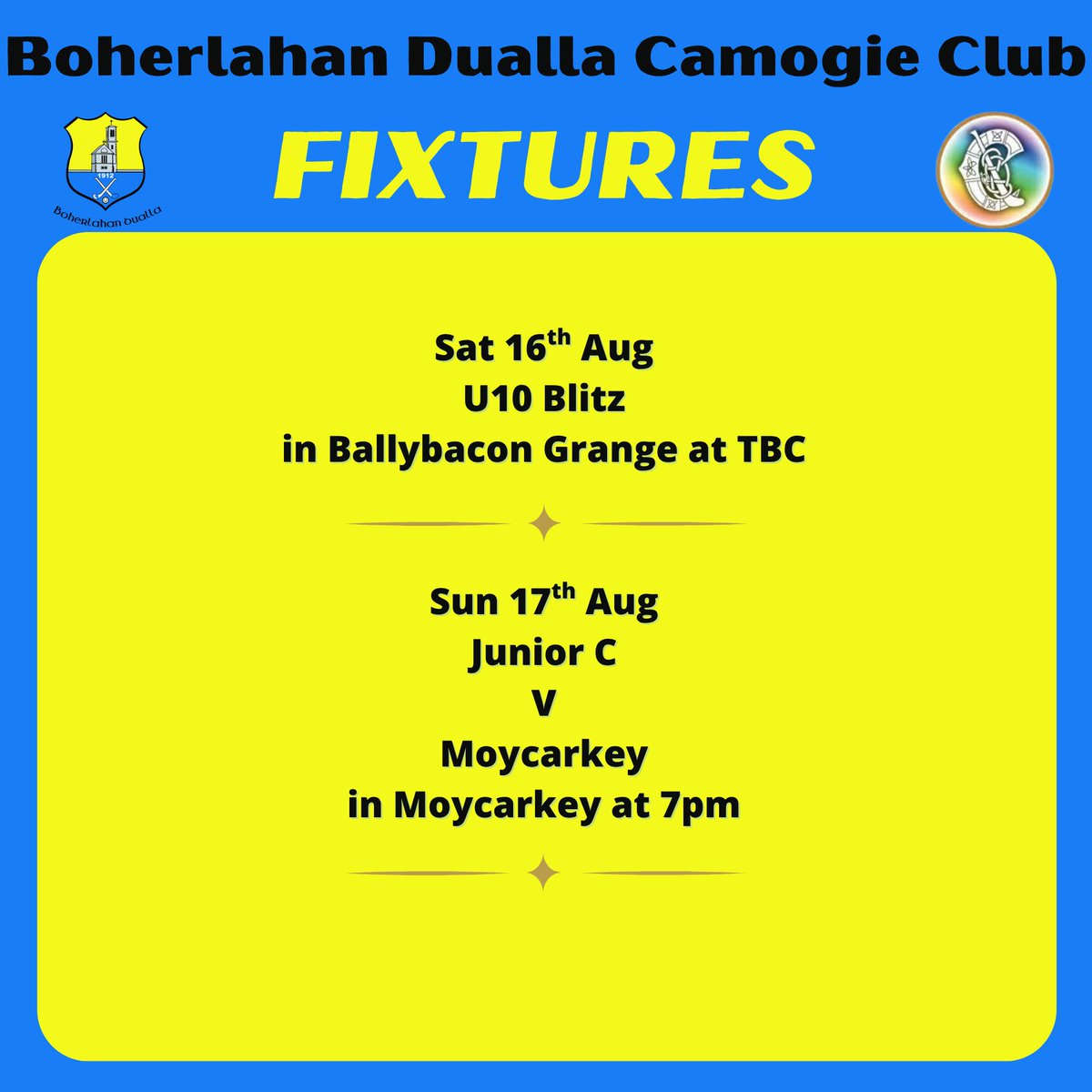 ⭐The week ahead ⭐

Best of luck to all out in action this week 💙💛

#tipperarycamogie 
#FBDInsuranceadultchampionship