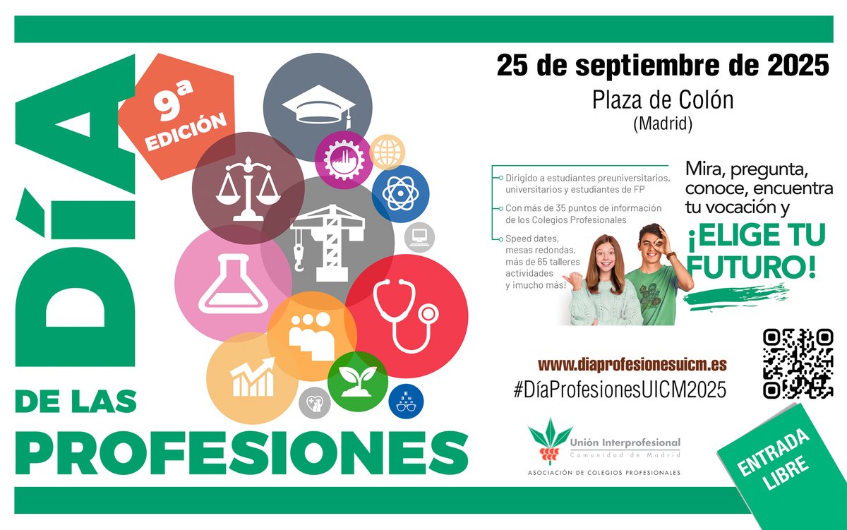🟢 𝗗𝗜́𝗔 𝗗𝗘 𝗟𝗔𝗦 𝗣𝗥𝗢𝗙𝗘𝗦𝗜𝗢𝗡𝗘𝗦 𝟮𝟬𝟮𝟱. Mira, pregunta, conoce, encuentra tus vocación. ¡𝗲𝗹𝗶𝗴𝗲 𝘁𝘂 𝗳𝘂𝘁𝘂𝗿𝗼!

¡𝑫𝒆́𝒋𝒂𝒕𝒆 𝑰𝒏𝒔𝒑𝒊𝒓𝒂𝒓 𝒑𝒐𝒓 𝒆𝒔𝒕𝒆 𝒅𝒊́𝒂!

📲Programa: diaprofesionesuicm.es/wp-content/upl…

#DíaProfesionesUICM2025 #ColegiosProfesionales