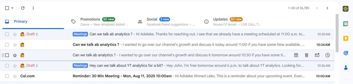 Asoft001's tweet photo. Just built an AI agent that: 📩 Reads incoming emails
🏷 Labels them (Spam, Promo, Meetings, etc.)
📝 Drafts replies using goals from Google Calendar &amp; Airtable
💌 Puts drafts in your inbox for review before sending

Inbox management, automated. 🚀 https://t.co/0fnprRn3Sw