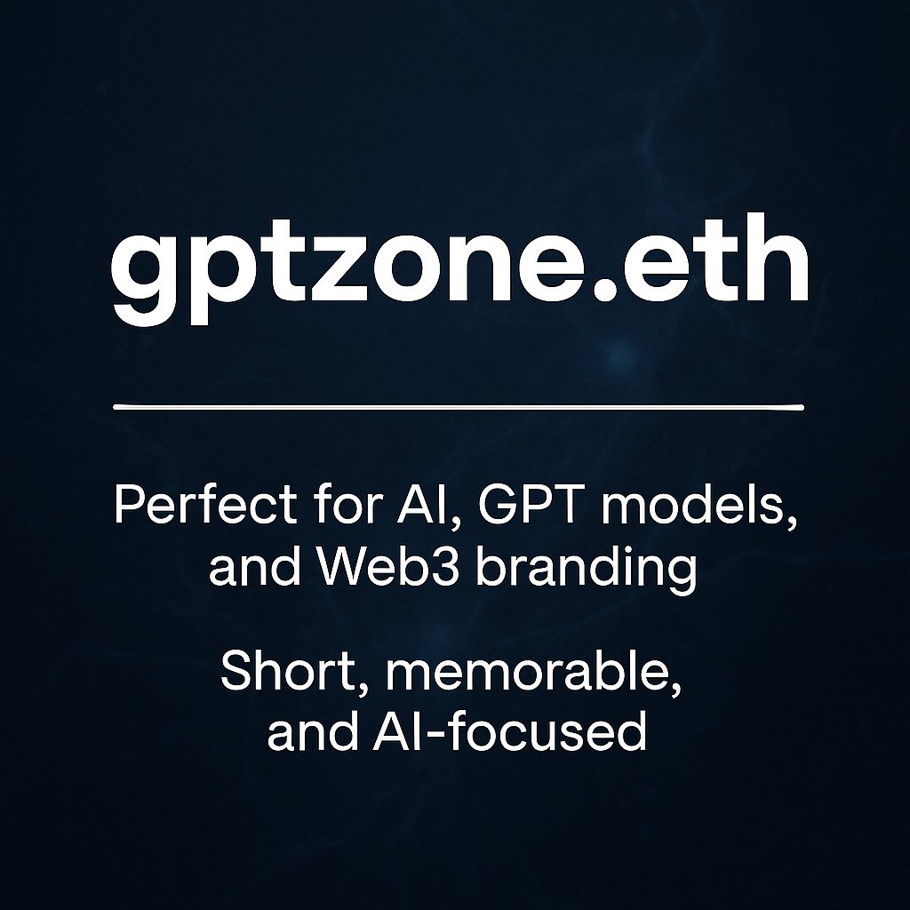 🚀 En venta en OpenSea
gptzone.eth
Dominio perfecto para proyectos de IA, modelos GPT y Web3.
🔹 Corto, fácil de recordar y con un enfoque 100% IA.
🔹 Ideal para startups, devs y creadores en el mundo AI.

💰 Listado: 4 ETH

#ENS #Web3 #AI #GPT #NFTDomains #EthereumNameService