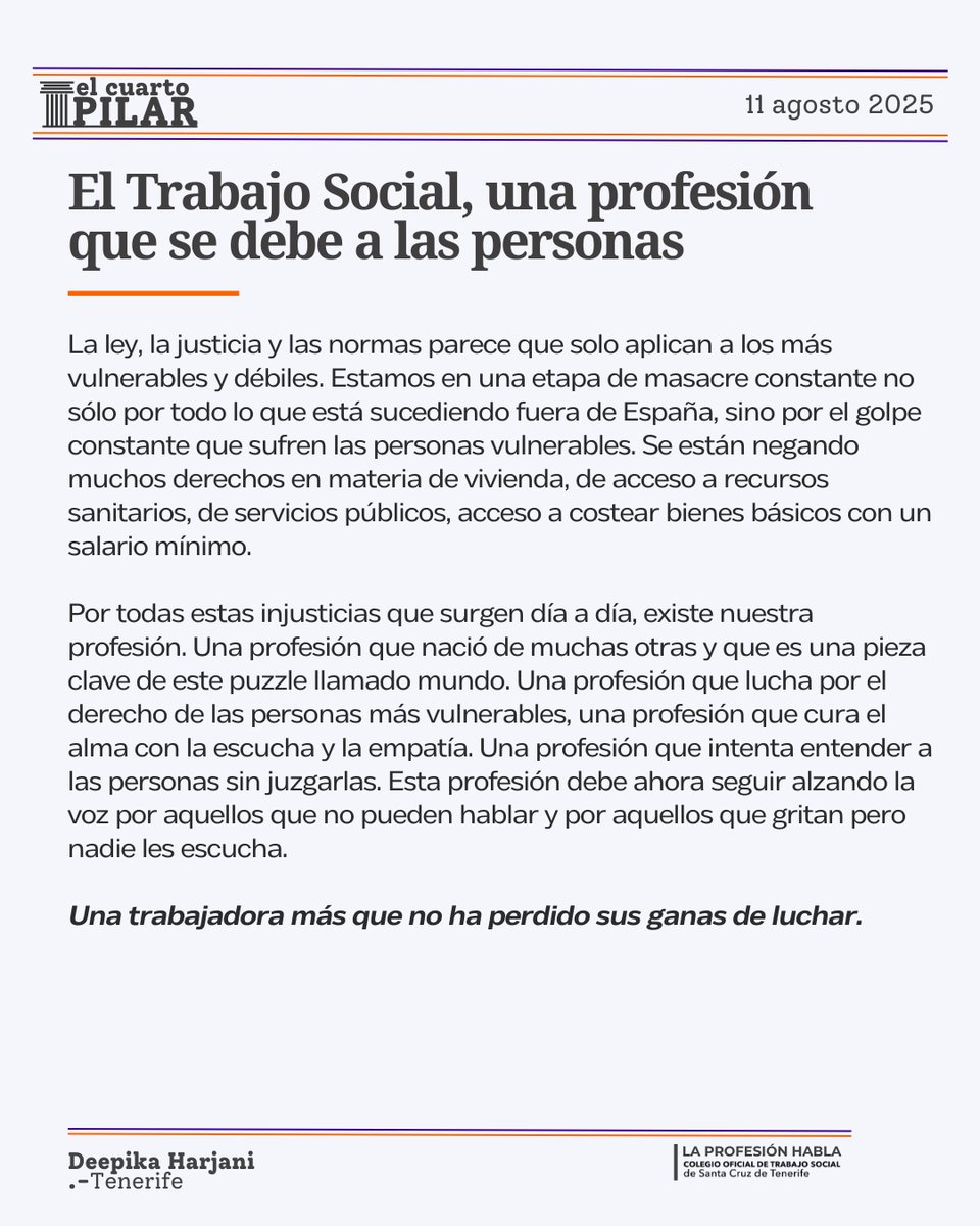 ✍️"El Trabajo Social, una profesión que se debe a las personas"

ℹ️ colegiotstenerife.org/noticia/el-cua…
.- Por Deepika Harjani
🏛️ | 𝐄𝐋 𝐂𝐔𝐀𝐑𝐓𝐎 𝐏𝐈𝐋𝐀𝐑