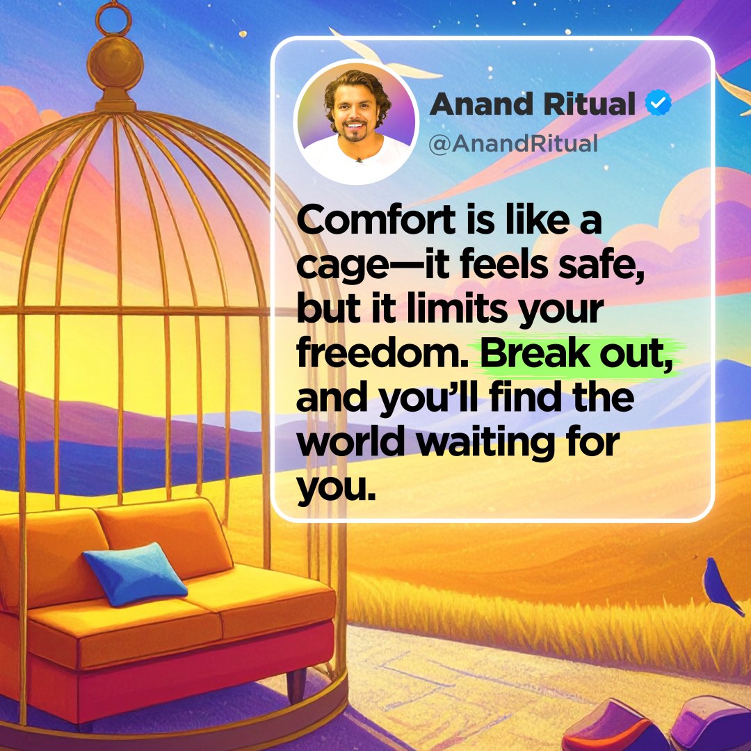 AnandRitual's tweet photo. Ever felt stuck but couldn’t explain why? Comfort tricks your brain. It feels like peace, but it’s actually a padded cage. I learned the hard way: real freedom starts with discomfort.

#ComfortZone #MindsetMatters  #Growth  #Discomfort #potential  #AnandRitual https://t.co/YGZKR2Bm9b