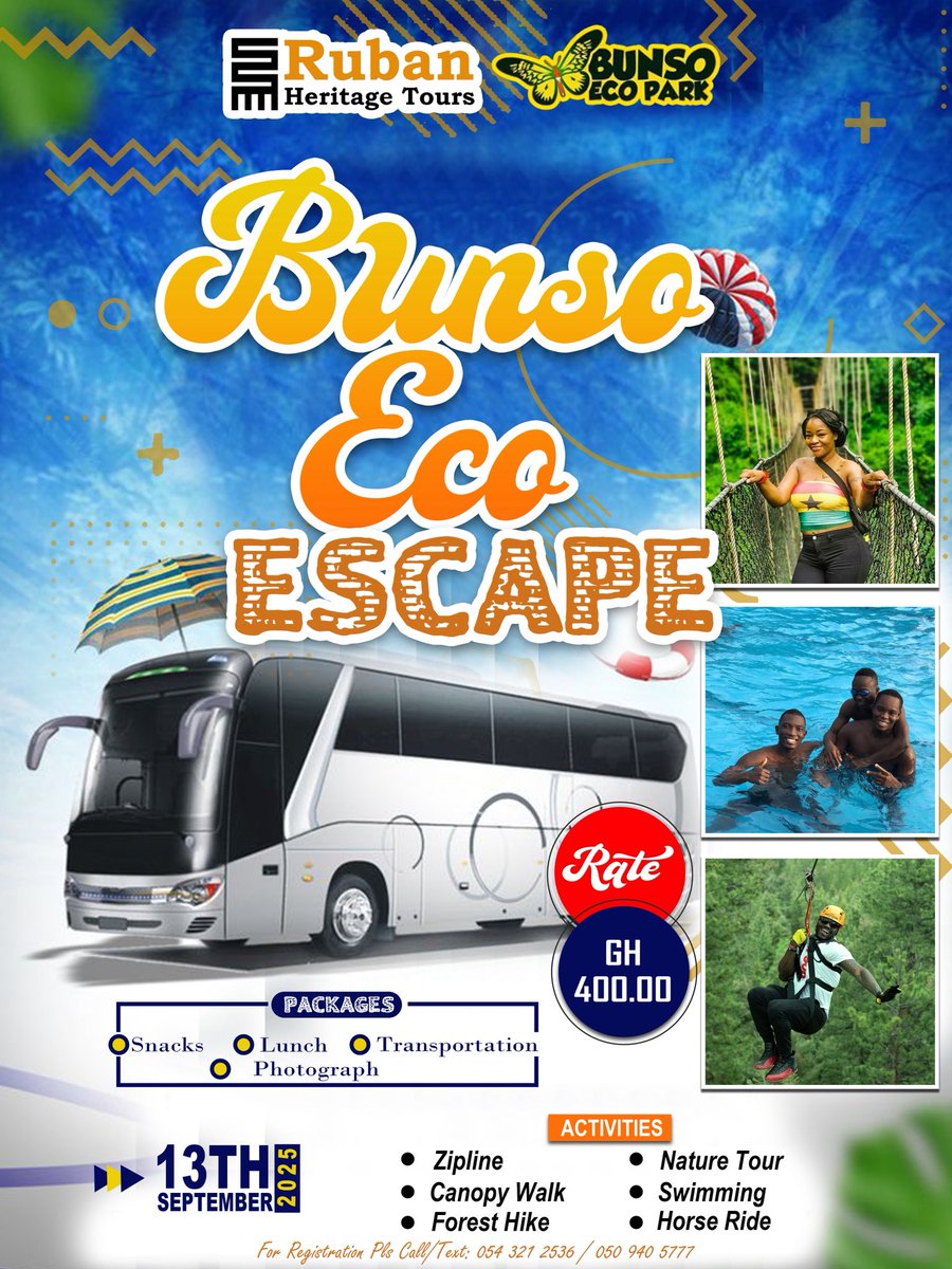 Take a break ! Join us this September for an exclusive experience filled with activities and memories at the Bunso Eco Park as we have fun and connect with nature. 

Meeting point is #Accra Mall. 

#Register now at 0543212536

#tour #travel #trip #NatureLovers