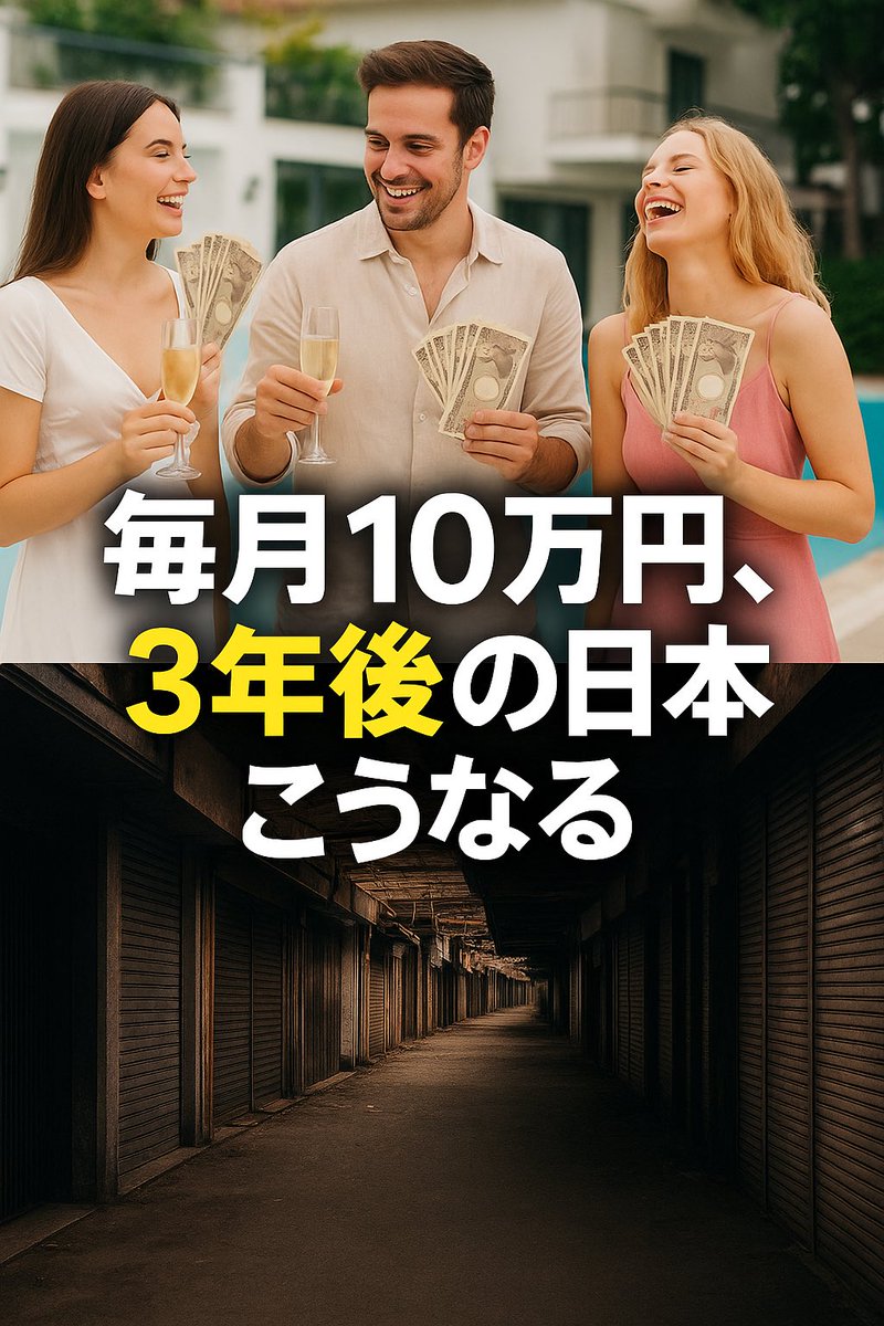 moshimo_seisaku's tweet photo. 毎月10万円配布、3年後の日本はこうなる——
夢の生活？それとも地獄の入口？

1️⃣ 生活不安が一気に消える 🏠
→ 固定費をカバーでき、収入が不安定でも安心
（※財源は年間約144兆円必要）

2️⃣ 起業や挑戦が増える 🚀
→ 失敗しても最低限の生活費が保証され、リスクを取れる

3️⃣ 貧困・格差の縮小 ⚖️
→ 低所得層ほど効果大、地域間格差も緩和

4️⃣ 手続きや制度がシンプルに 📄
→ 複雑な手当や申請が不要になり、取りこぼしゼロへ

💬 あなたはどっち派？
👍 賛成 ／ 👎 反対

📌 でも、この制度には大きな落とし穴も… → デメリット編はこちら（リンク予定）

#ベーシックインカム #毎月10万円 #日本の未来