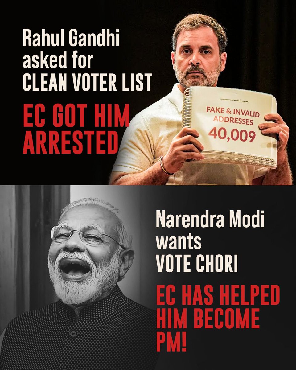 SevadalTL's tweet photo. @RahulGandhi demanded a clean voter list — EC’s response? Arrest him.
Modi thrives on #VoteChori, and the EC has been his partner in stealing power!
#VoteChori #DemocracyHijacked #CleanVoterList https://t.co/0871G4p96p