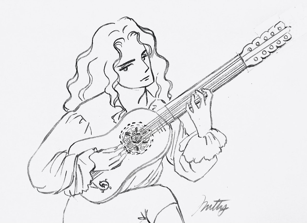 Mitty_pa's tweet photo. 筆ペンでジェローデル
バロックギター弾いて欲しくて描き方練習中！
サウンドホールがとても凝ってるの

劇場版のジャルジェ家にバロックギターの絵があったので描いてみたかった🎵
#Girodelle https://t.co/OD0Yqy9xwH