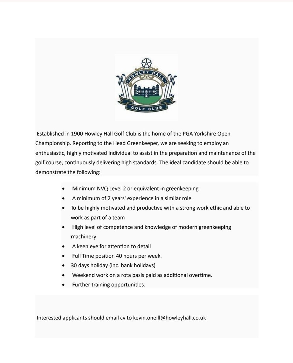 Job opportunity <a href="/HowleyGC/">Howley Hall GC</a>