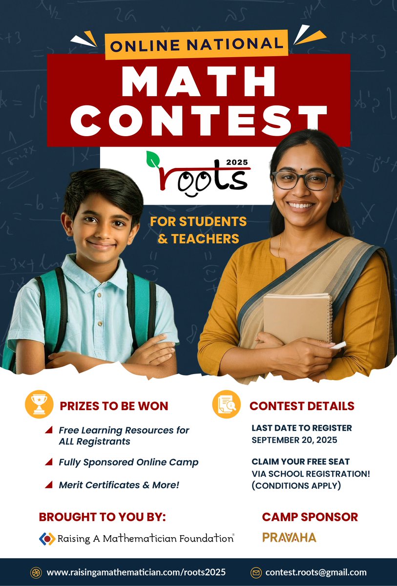 raisingamath's tweet image. ROOTS 2025 is here - now for students (Grades 5–8) and teachers!
Think deeply. Solve logically.
🎯 Free resources for all
🏆 Top 100 students win a sponsored camp
🗓️ Register by Sept 20
🔗 raisingamathematician.com/roots2025
📩 contest.roots@gmail.com
#ROOTS2025 #MathContest
#Onlinecontest