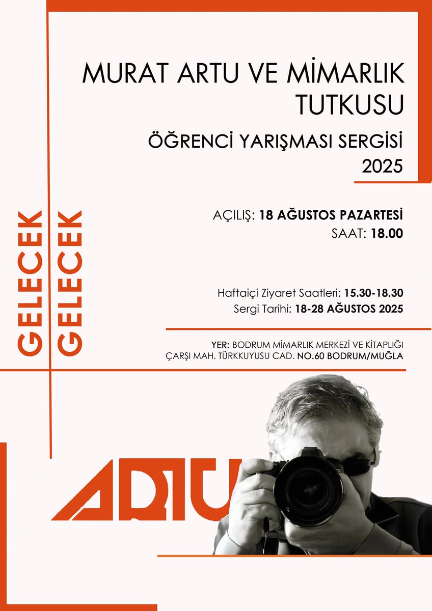“Murat Artu ve Mimarlık Tutkusu” öğrenci yarışması sergisi 18–28 Ağustos 2025 tarihleri arasında Bodrum Mimarlık Merkezi ve Kitaplığı’nda gerçekleşecektir. Sergi, Ekim ayında ise TSMD Mimarlık Merkezi’nde de izlenebilecektir.