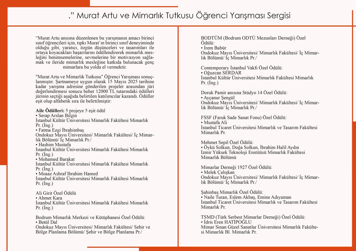 TurkSMD's tweet photo. “Murat Artu ve Mimarlık Tutkusu” öğrenci yarışması sergisi 18–28 Ağustos 2025 tarihleri arasında Bodrum Mimarlık Merkezi ve Kitaplığı’nda gerçekleşecektir. Sergi, Ekim ayında ise TSMD Mimarlık Merkezi’nde de izlenebilecektir. https://t.co/BBsk445lyX