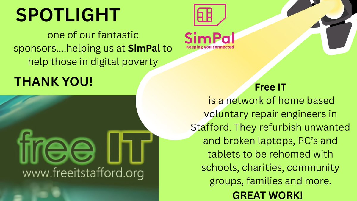 FreeIT Stafford is a  fantastic organisation made up of volunteers who avoid e waste at the  same time as helping us at SimPal.
Check their latest video to gain more insights:

youtu.be/eQ8p4BvnqZw

Keep up the good work.
<a href="/christheeagle1/">Chris Lewis</a> <a href="/freeITstafford/">Free I.T. Stafford</a> 
#digitalpoverty