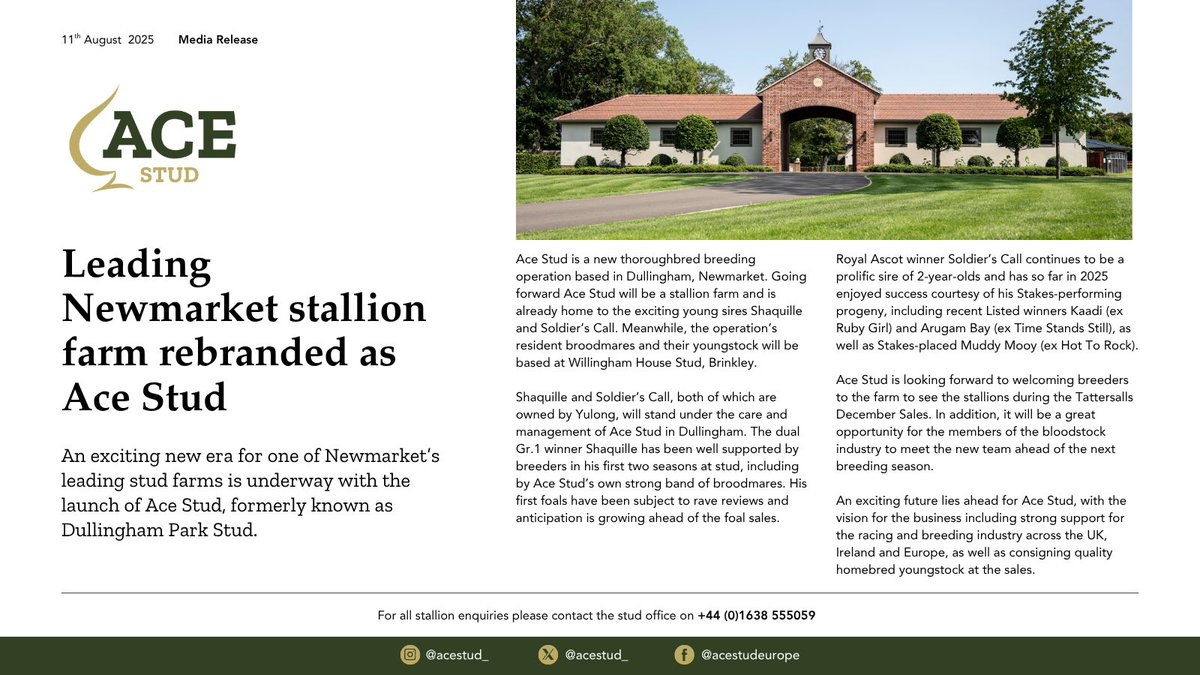 ♠️ Leading Newmarket stallion farm rebranded as 𝐀𝐂𝐄 𝐒𝐓𝐔𝐃!

Read our press release below… 🗞️👇