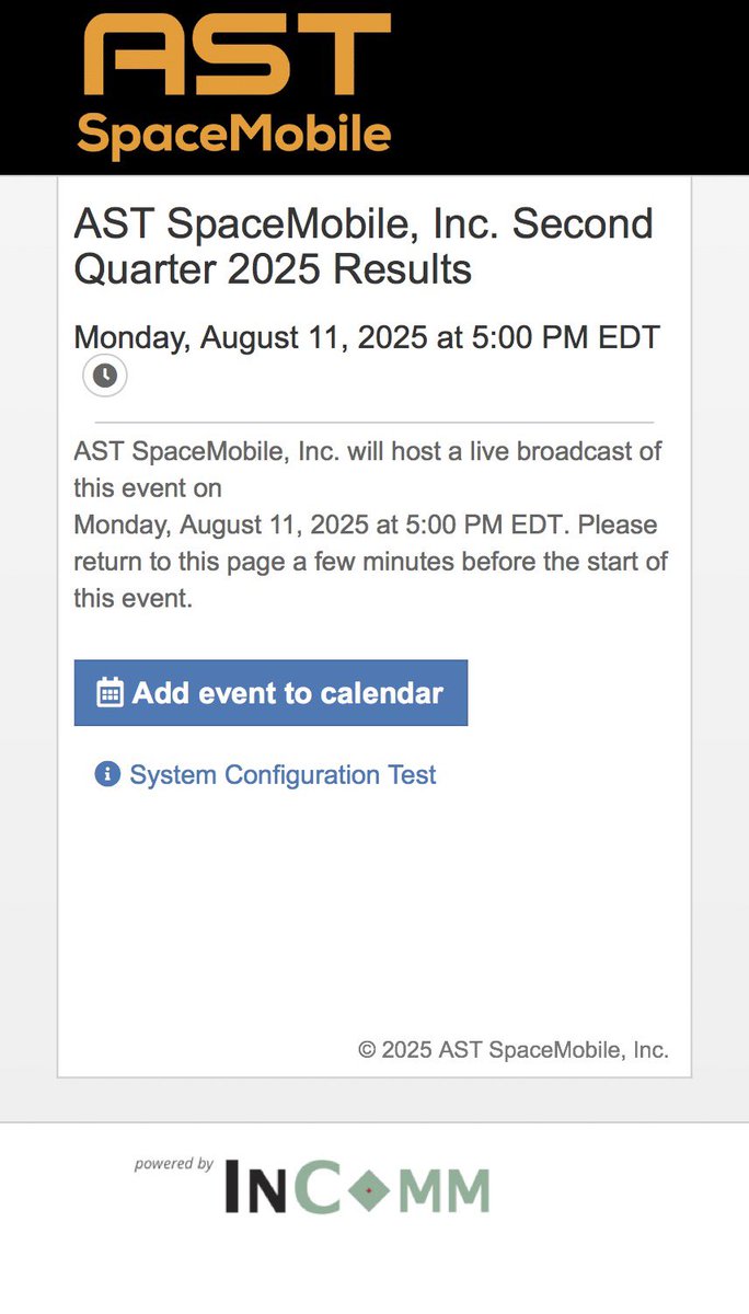 ASTS Earnings Call link: https://t.co/WYjPDK2oCD