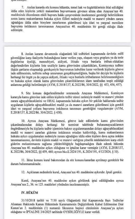 Anayasa Mahkemesi, KHK ile memuriyetten çıkarılıp daha sonra memuriyete geri dönenlere tazminat ödenmemesine dair yasanın iptaline karar verdi.