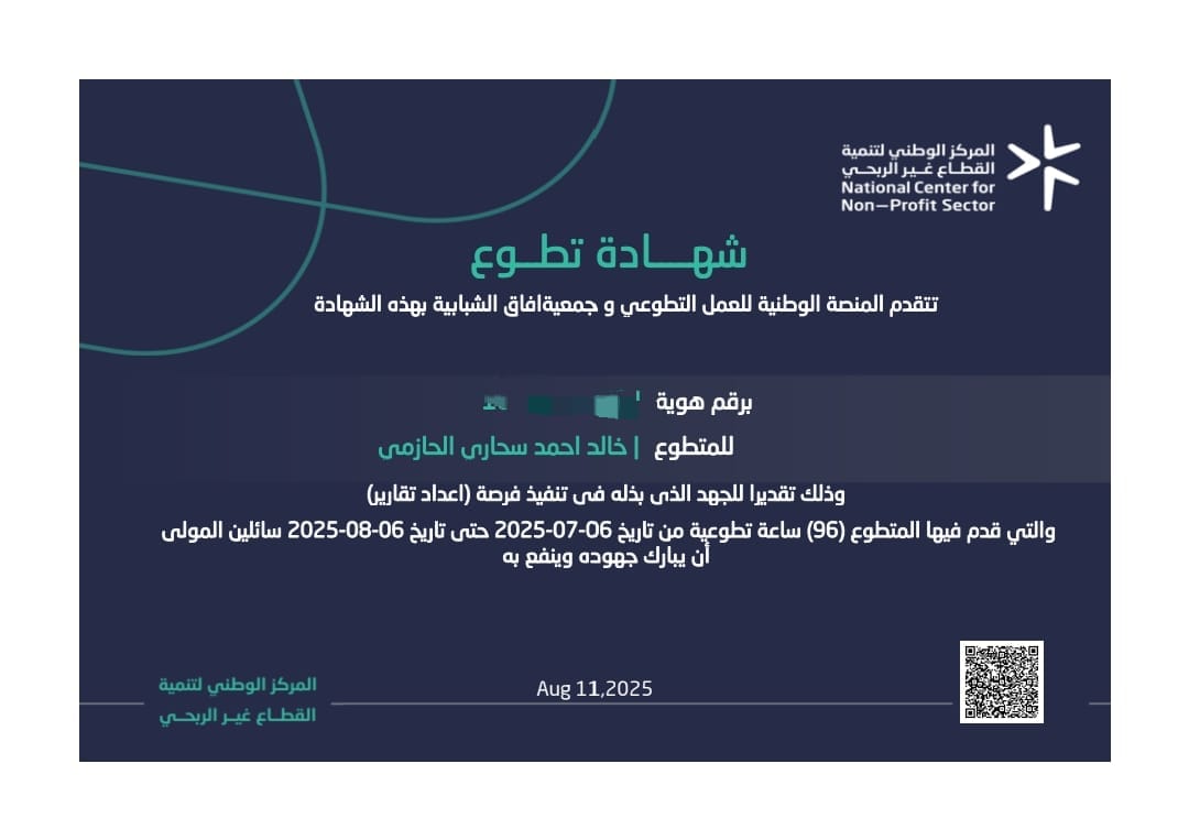 خالد سحاري الحازمي (@khalidsahari) on Twitter photo بحمد الله وتوفيقه حصلت على #شهادة_تطوع نظير تنفيذ فرصة: إعداد تقارير لدى <a href="/AFAGYOUTHAS/">جمعية أفاق الشبابية بجازان</a> بحمد الله وتوفيقه حصلت على #شهادة_تطوع نظير تنفيذ فرصة: إعداد تقارير لدى <a href="/AFAGYOUTHAS/">جمعية أفاق الشبابية بجازان</a>
