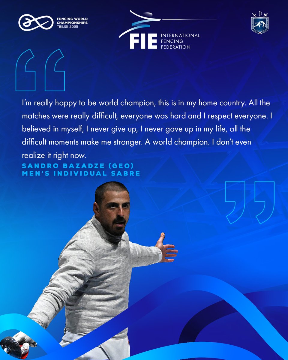 FIE_fencing's tweet photo. #Tbilisi2025 Throwback – Post-Match Quote from Men’s Individual Sabre World Champion🥇🤺 

#FIE #Fencing #Esgrima #Escrime #Georgia #Tbilisi2025 #FencingWorldChampionships
📸 Eva Pavia Gomez | Augusto Bizzi | #BizziTeam https://t.co/wQp9gmBFWR