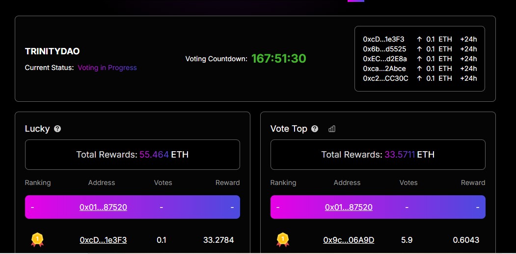 TriaiFun's tweet image. 🔥 Imagine losing… and still pocketing 33 ETH.

That’s TRINITYDAO’s Lucky Prize. 🏆

✅ Vote with 0.1 ETH
✅ Secure your spot
✅ Wait for the magic 💎

👉Go Here : triai.fun

#ETHGiveaway #Web3Rewards #TrinityDAO