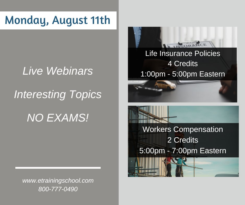 EITINS's tweet image. There's still time to register for today's live #Insurance #CE webinars. #LifeInsurancePolicies and #WorkersComp are on our schedule today. Register now to recieve your invitation email before the class begins!

Register at: etrainingschool.com
