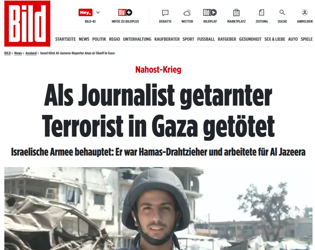 🔴 Alçak Alman Bild gazetesi, terörist İsrail'in El Cezire muhabiri Enes eş-Şerif'i şehit etmesini "Gazeteci kılığında terörist Gazze'de öldürüldü" diye duyurdu.