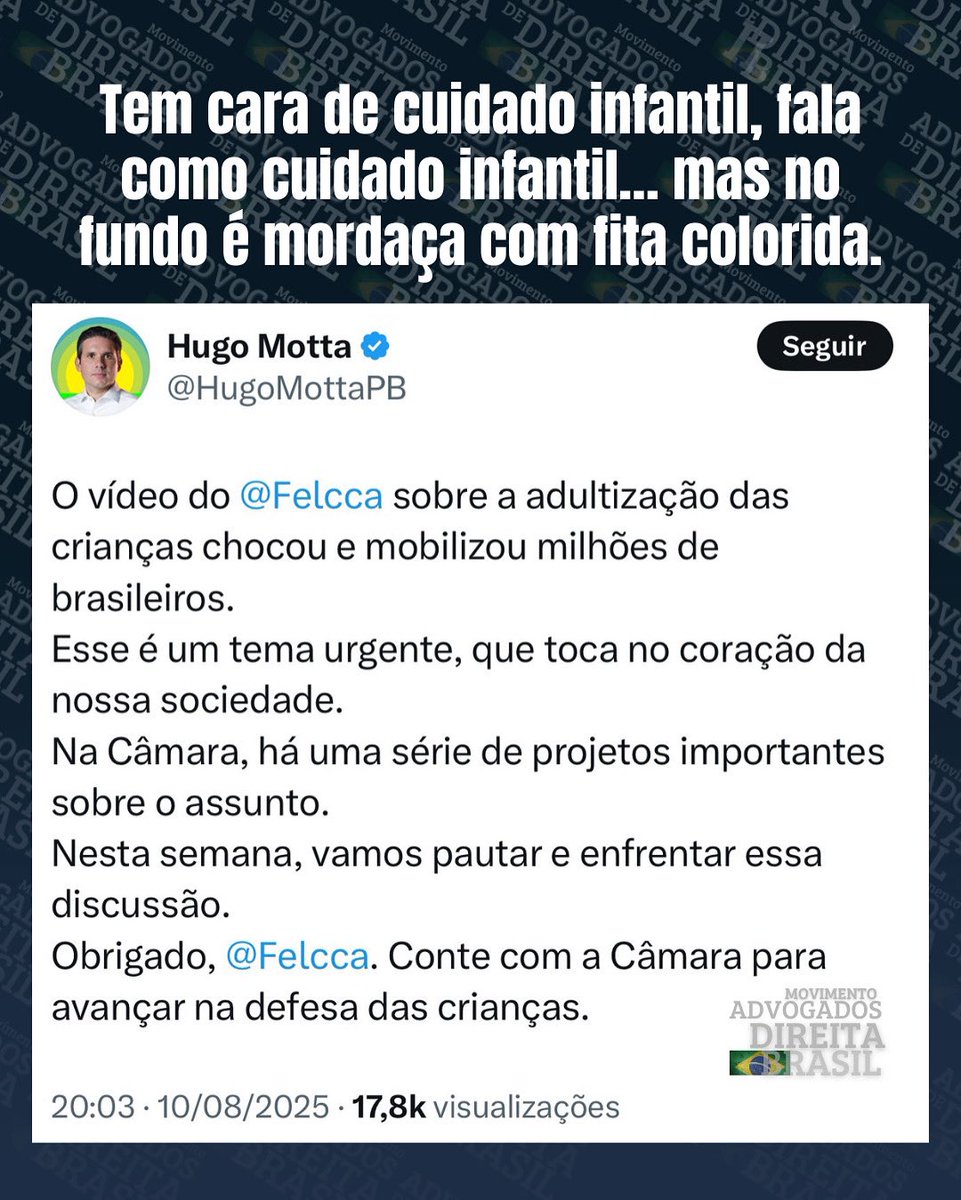 Tudo que foi denunciado pelo Felca já está previsto no ECA, CP, CPP, CC, CPC e leis especiais.  Se vier “projeto novo” pra tratar disso, desconfie: pode ser legalidade na fachada e CENSURA no núcleo.

O vídeo de Felca acendeu o alerta, mas o arcabouço legal já existe e contempla