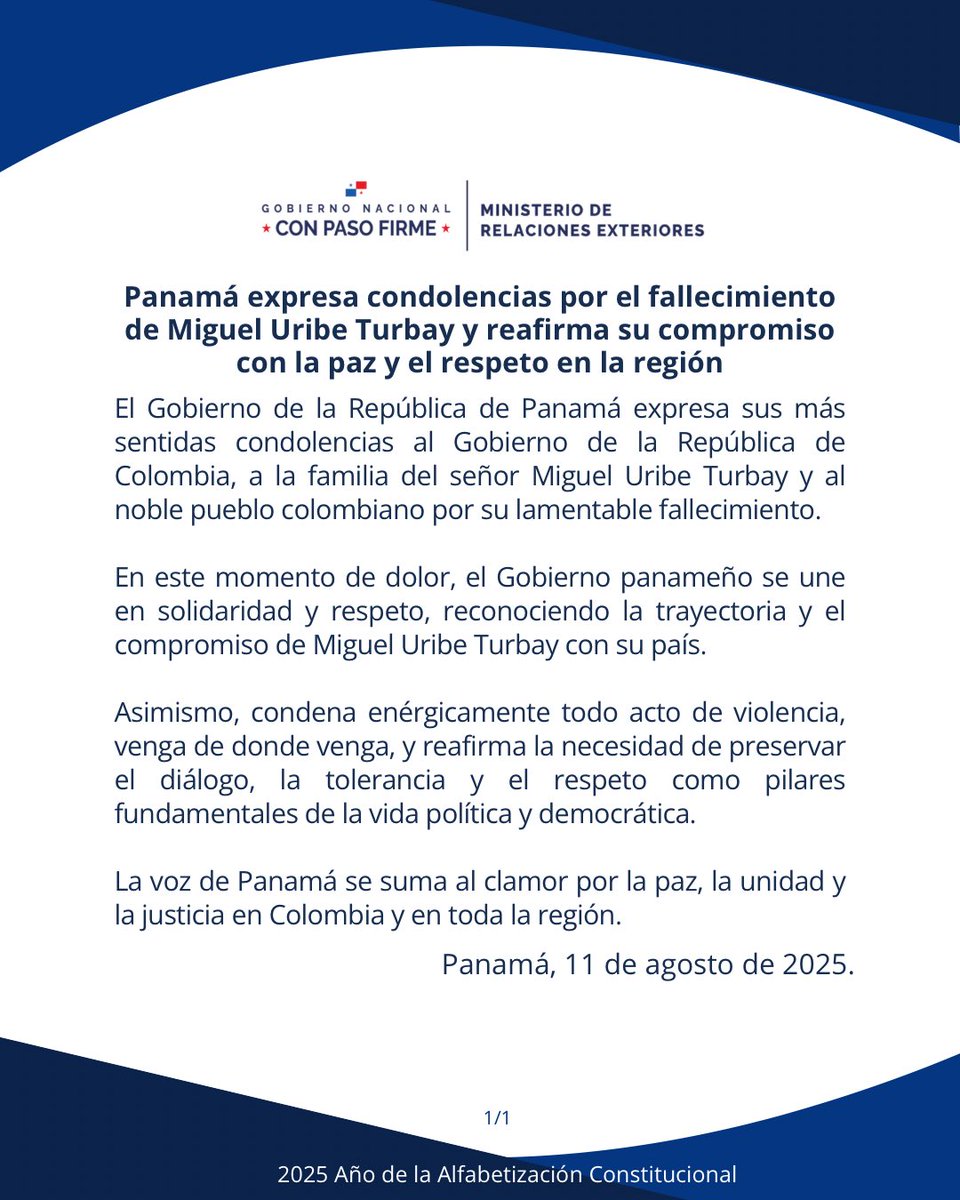 •Comunicado Oficial• Panamá expresa condolencias por el fallecimiento de Miguel Uribe Turbay y reafirma su compromiso con la paz y el respeto en la región.