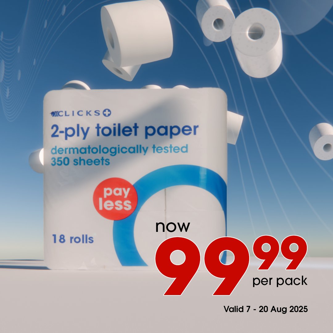 Clicks_SA's tweet photo. Clicks 2-ply 18-pack toilet paper is just R99.99 (was R120)! 

Stock up by 20 August – don’t get caught without this essential. 🧻💸 

#ThatsHowWeRoll #ClicksToiletPaper https://t.co/p6jABWSuFo