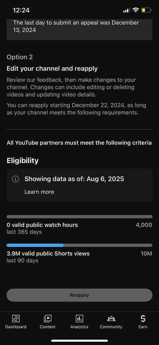 hodor7dak's tweet photo. @TeamYouTube Okay @TeamYouTube now here is my earn tab look like  i don’t know why they say i have only 3.9M views my channel have all the requirement to join YPP , thanks 🙏🏼 https://t.co/JnAAOtwhYX