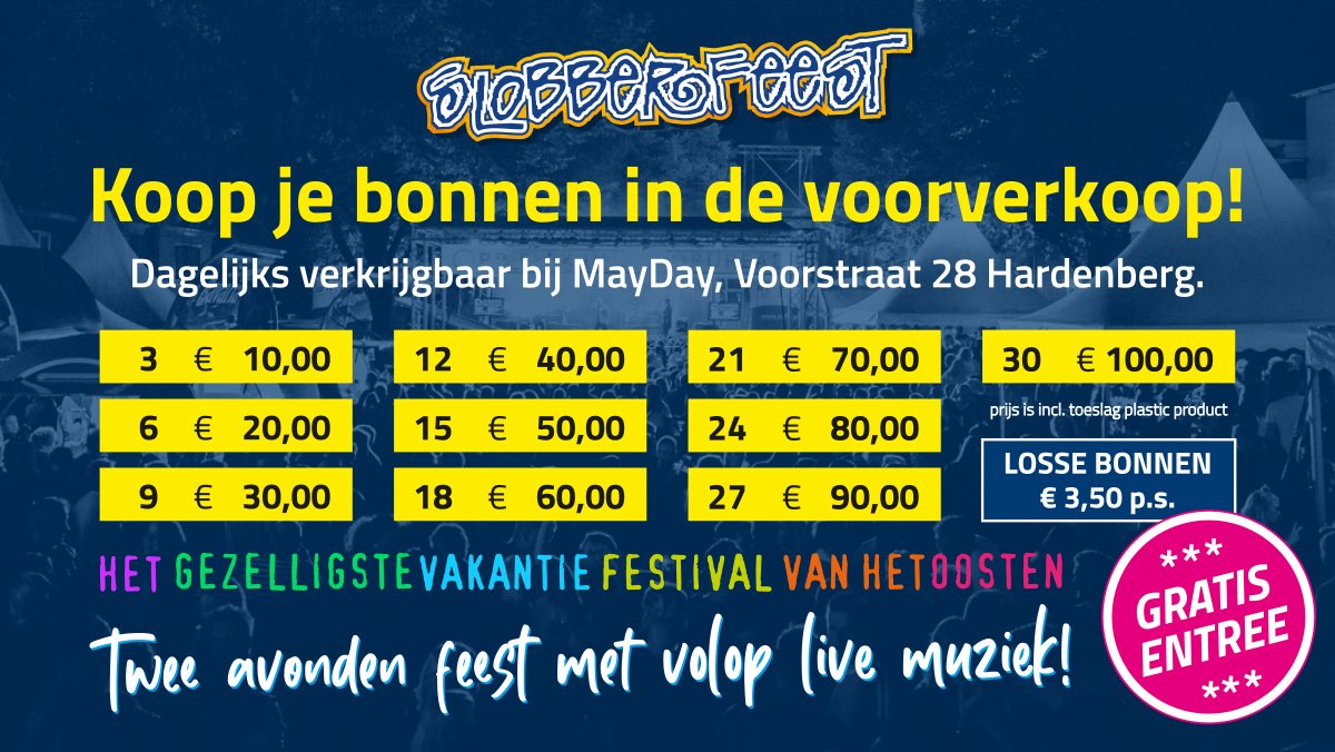 Slobberfeest's tweet photo. 🎪Nog 3 dagen tot Slobber 2025🕺🏼𝙆𝙤𝙤𝙥 𝙣𝙪 𝙟𝙚 𝙗𝙤𝙣𝙣𝙚𝙣 𝙞𝙣 𝙙𝙚 𝙫𝙤𝙤𝙧𝙫𝙚𝙧𝙠𝙤𝙤𝙥! Betaal contant (of met de pin) dan sta je donderdag niet in de rij en kun je direct beginnen met feesten! 🎉 
Dagelijks 9.30-17.30 uur. 
📍MayDay Fashion Voorstraat 28 Hardenberg. https://t.co/1LCQM5bRvK