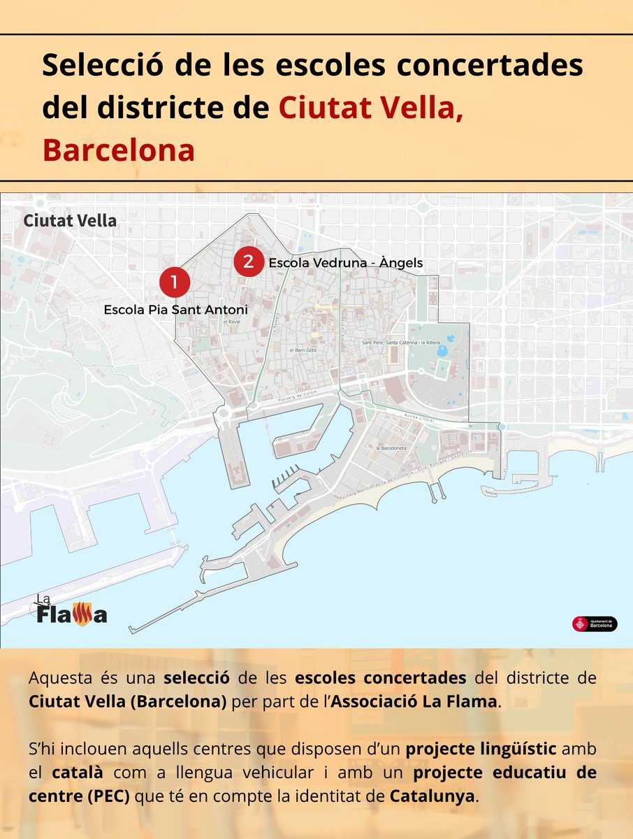Els centres que veieu en aquest mapa són la nostra selecció d'escoles concertades del districte de Ciutat Vella, a Barcelona.

Us recordem que els hem triat analitzant el seu projecte educatiu i lingüístic i mirant quina importància donen a la llengua catalana.

La llista per