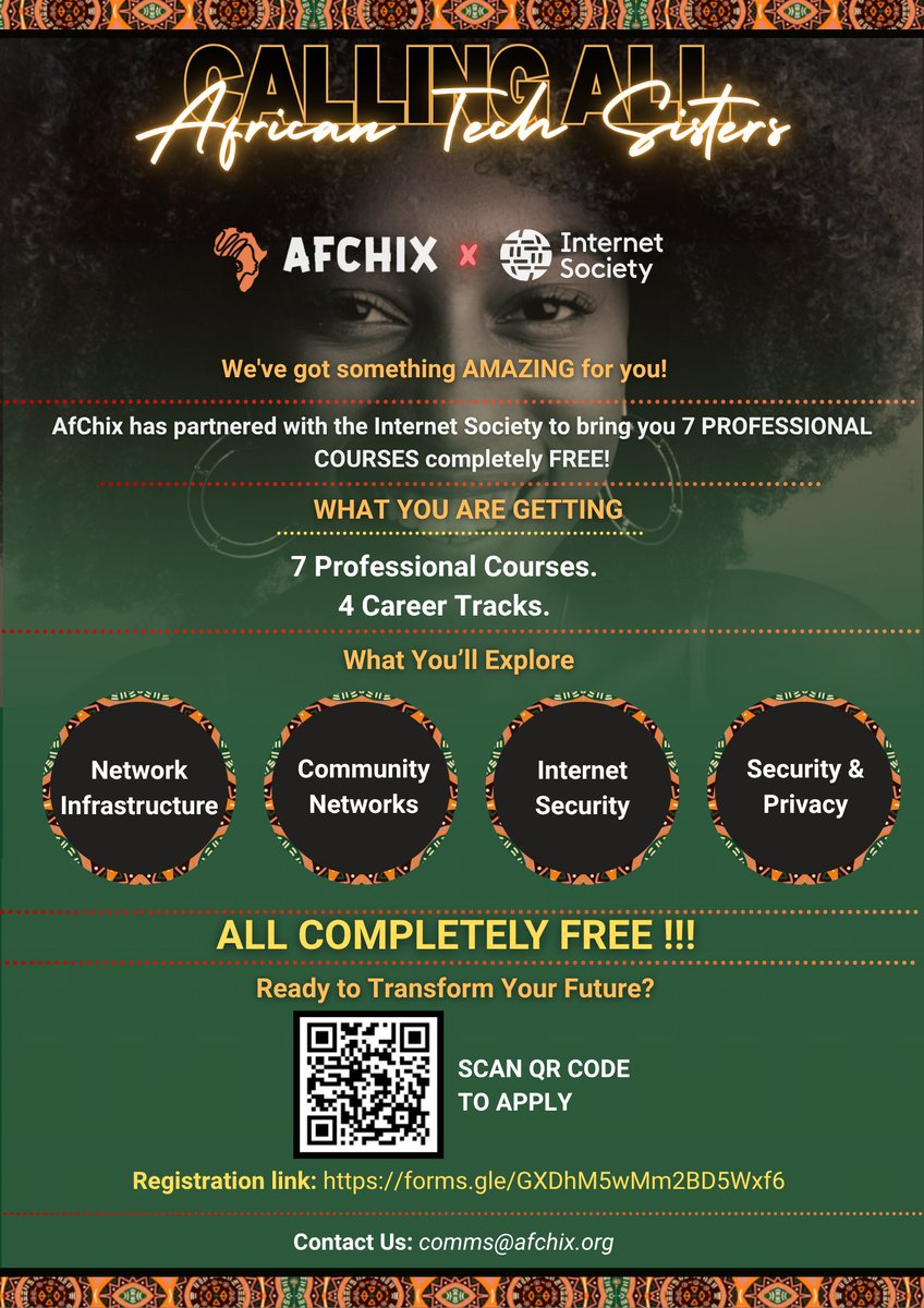 <a href="/afchix_network/">AfChix Network</a> has partnered with @InternetSociety to offer 7 professional courses and 4 career tracks.

Apply: forms.gle/GXDhM5wMm2BD5W…

#AfChixNetwork #WomenInSTEM #WomenInTech #FreeTechEducation #AfricanWomen