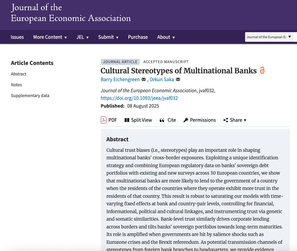 LSEEI's tweet image. Our Visiting Senior Fellow @_OrkunSaka and Barry Eichengreen have published new research which explores the role of cultural trust biases (i.e. stereotypes) in shaping multinational banks’ cross-border exposures.

Discover their new article below 👇

academic.oup.com/jeea/advance-a…