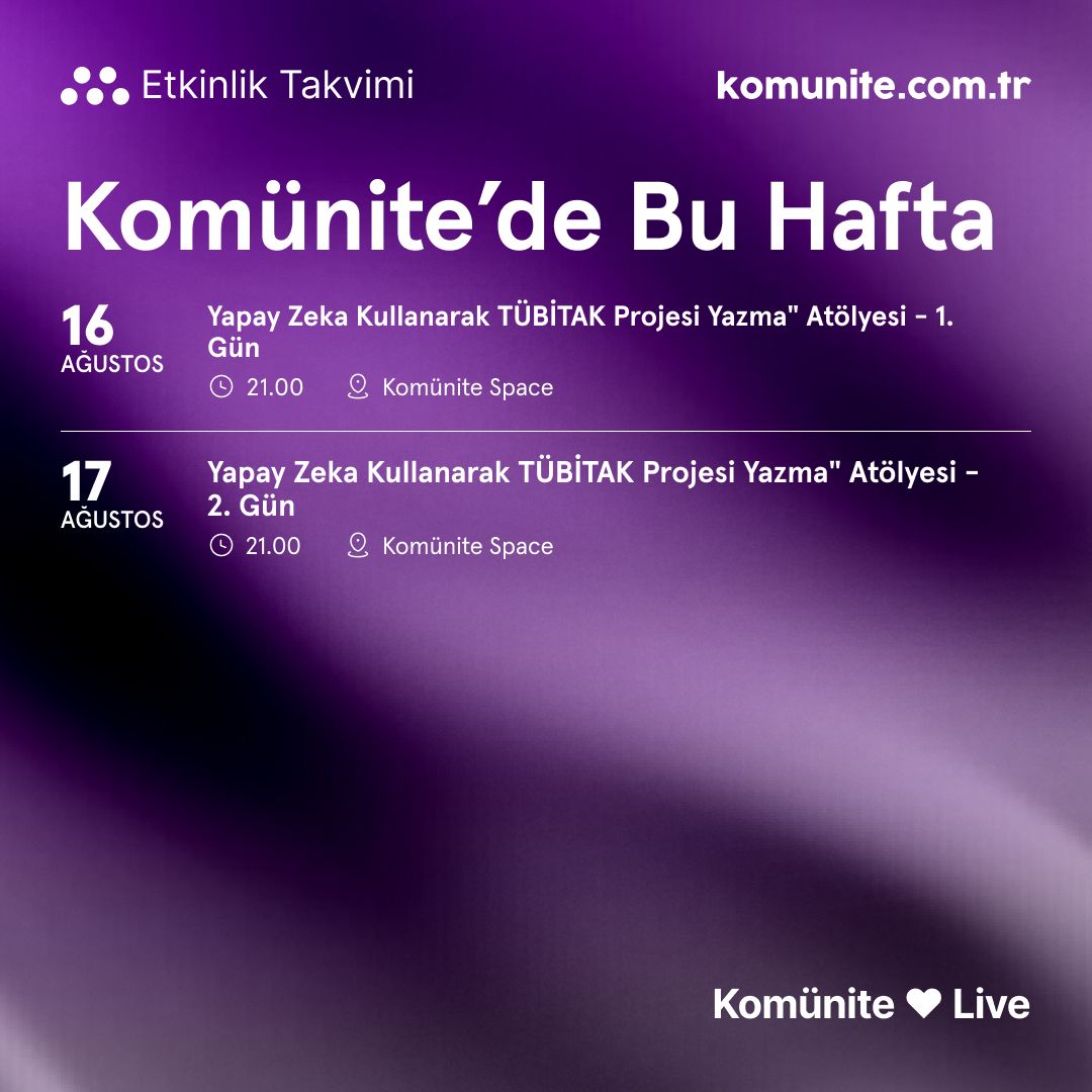 komunitecomtr's tweet photo. Komünite’de bu hafta: Girişimciler, yaratıcılar ve meraklılar için dopdolu bir program bizi bekliyor.

Oryantasyondan Açık Mikrofon’a, ilham veren Ask Me Anything buluşmalarından yapay zeka ile TÜBİTAK projesi yazma atölyelerine kadar birçok etkinlik var.

Siz de Komünite’ye katılın, birlikte öğrenelim, paylaşalım, keşfedelim.