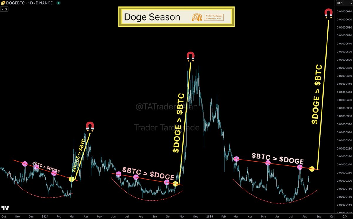 Doge / $BTC / daily The #Dogecoin to #Bitcoin pair shows a consistent  pattern, indicating a high possibility of an upcoming Doge season where $ Doge significantly outperforms $BTC.