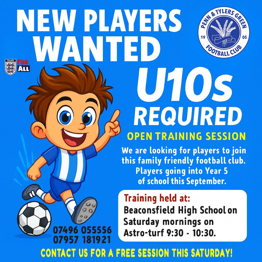 Calling all Year 5 footballers, U10s wanted at Penn &amp; Tylers Green FC! Free Saturday trial, message us for a free session ⚽️