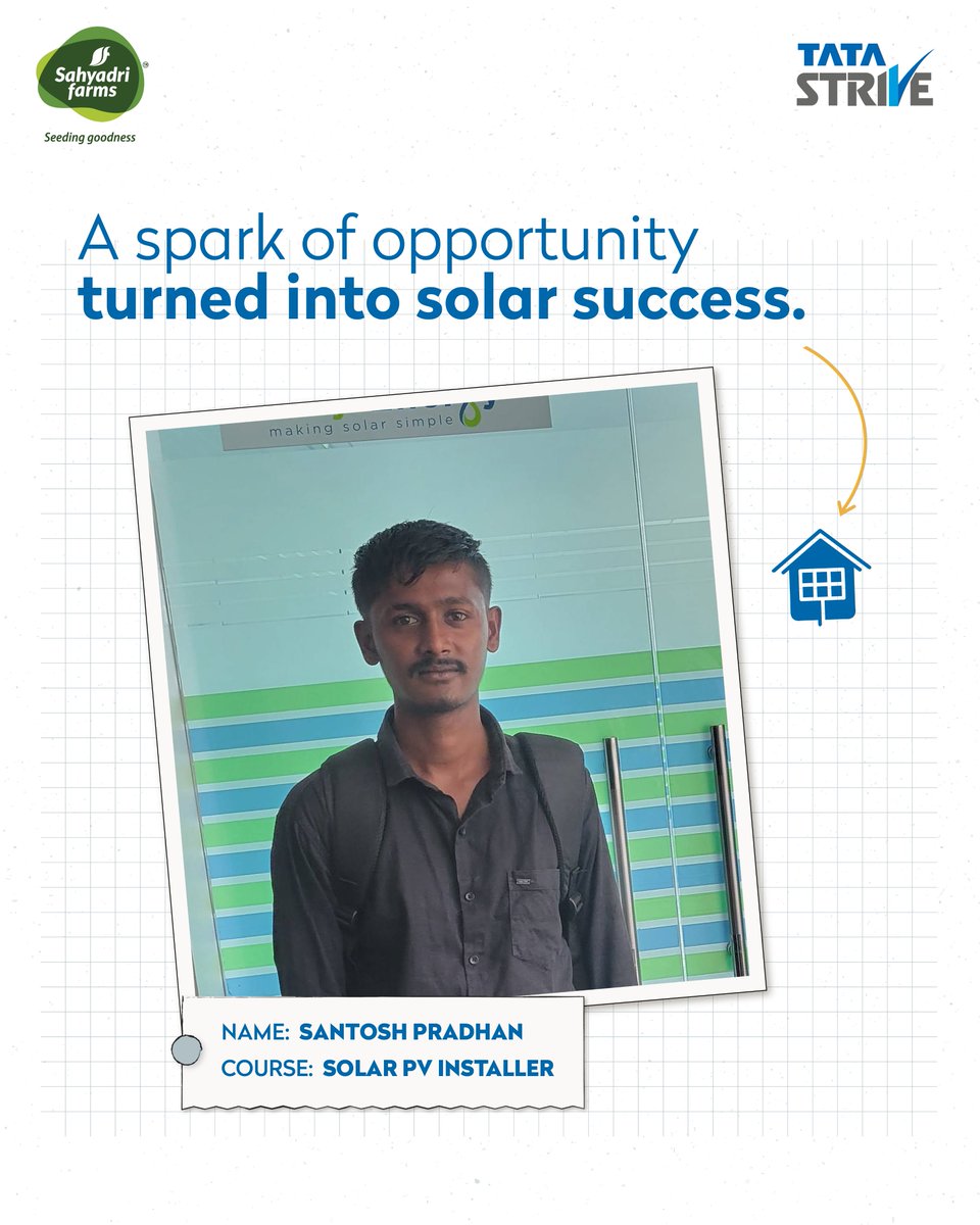 Tata STRIVE (@tatastrive) on Twitter photo From a village near Nashik, Santosh Pradhan turned uncertainty into growth through the Solar PV Installer course at <a href="/SahyadriFarms/">Sahyadri Farms</a> - Tata STRIVE Centre. Now a supervisor at Solarika India, he’s building a stable future, travelling across Maharashtra, and inspiring others daily. From a village near Nashik, Santosh Pradhan turned uncertainty into growth through the Solar PV Installer course at <a href="/SahyadriFarms/">Sahyadri Farms</a> - Tata STRIVE Centre. Now a supervisor at Solarika India, he’s building a stable future, travelling across Maharashtra, and inspiring others daily.