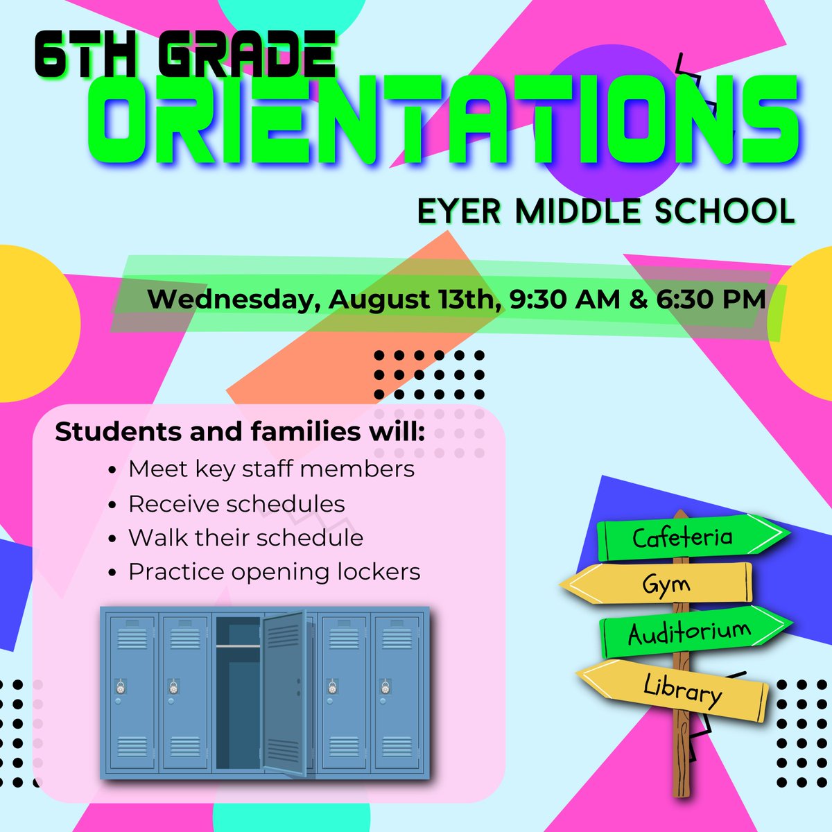 Calling all incoming 6th graders and families!

Join us on August 13th for 6th Grade Orientation

✅ Walk through your class schedule
✅ Practice opening your locker
✅ Pick up your EPSD technology
✅ Explore the building

See you there! 🎉 #OneEyer #EastPennPROUD