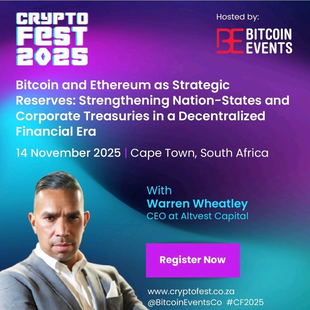 Altvest Capital (@capitalaltvest) on Twitter photo We’re thrilled to announce that our CEO, <a href="/Waza1501/">Warren Wheatley</a> will take the stage at Crypto Fest 14 November 2025 in Cape Town! <a href="/BitcoinEventsCo/">Bitcoin Events</a>
Catch him on the panel:
"Bitcoin and Ethereum as Strategic Reserves: Strengthening Nation-States and Corporate Treasuries in a Decentralized We’re thrilled to announce that our CEO, <a href="/Waza1501/">Warren Wheatley</a> will take the stage at Crypto Fest 14 November 2025 in Cape Town! <a href="/BitcoinEventsCo/">Bitcoin Events</a>
Catch him on the panel:
"Bitcoin and Ethereum as Strategic Reserves: Strengthening Nation-States and Corporate Treasuries in a Decentralized