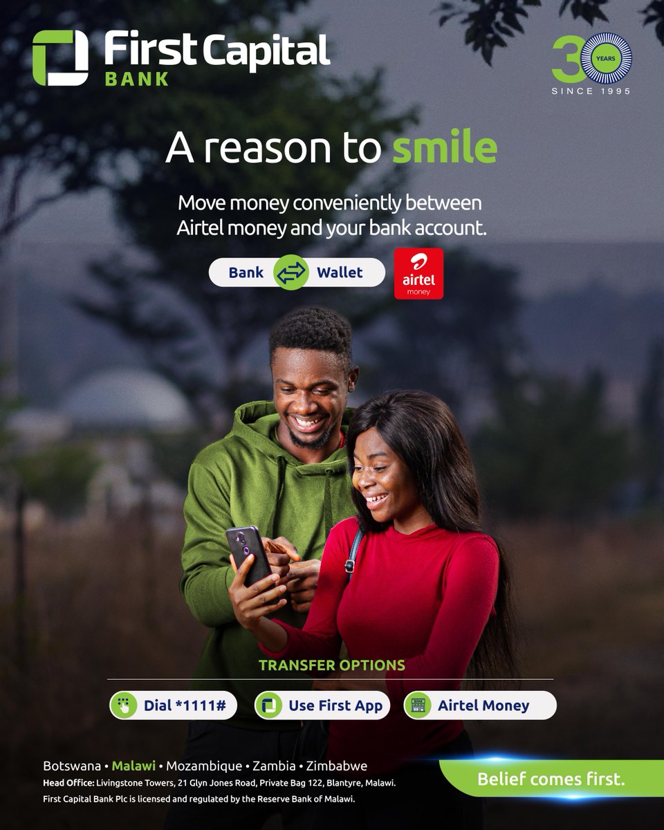 Move money conveniently between your FCB account and Airtel Money wallet. Zosavuta izi.

#firstcapitalbank #beliefcomesfirst #30mbambande