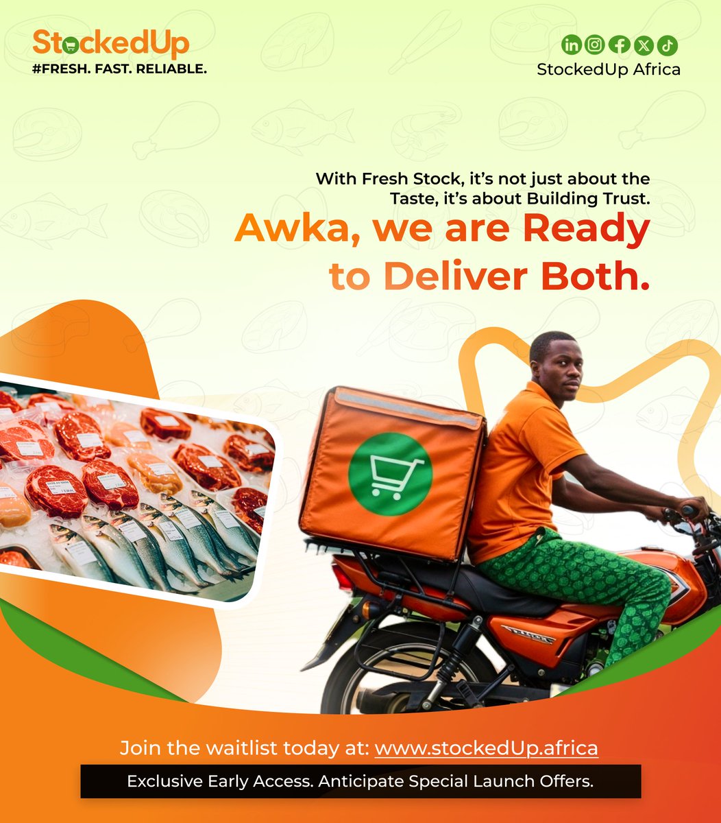 stockedupafrica's tweet photo. AWKA, GET READY! π
Fresh groceries + lightning delivery = trust you can taste. No more stale food, delays, or broken promises. StockedUp is here fresh means FRESH, fast means FAST. Join the waitlist now for early access & launch offers π https://t.co/bw8XwYVacZ
#AwkaDelivery # https://t.co/ENLWRwwSTn
