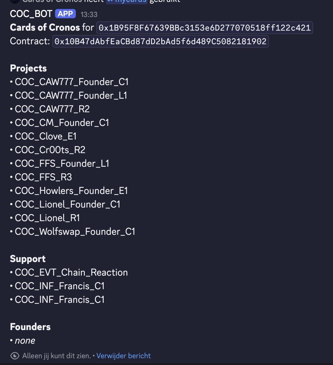 CardsCronos's tweet photo. Update: You can now link your wallet in discord and quickly check what kind of cards you have.

Use:
/linkwallet
/mycards 

#CardsOfCronos #CronosChain $CRO https://t.co/FfkdWaDVfw