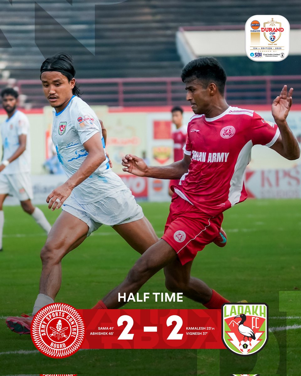 thedurandcup's tweet photo. HT | IAFT 2-2 1LFC

An exciting 45 minutes of play with #1LFC gaining the lead at the start of the match, but #IAFT equalising in quick successions to end with goals for all at Half Time.

#IAFT1LFC #134thEditionofIndianOilDurandCup #PoweredBySBIandCoalIndia #DurandCup2025 #ManyChampionsOneLegacy #IndianFootball
