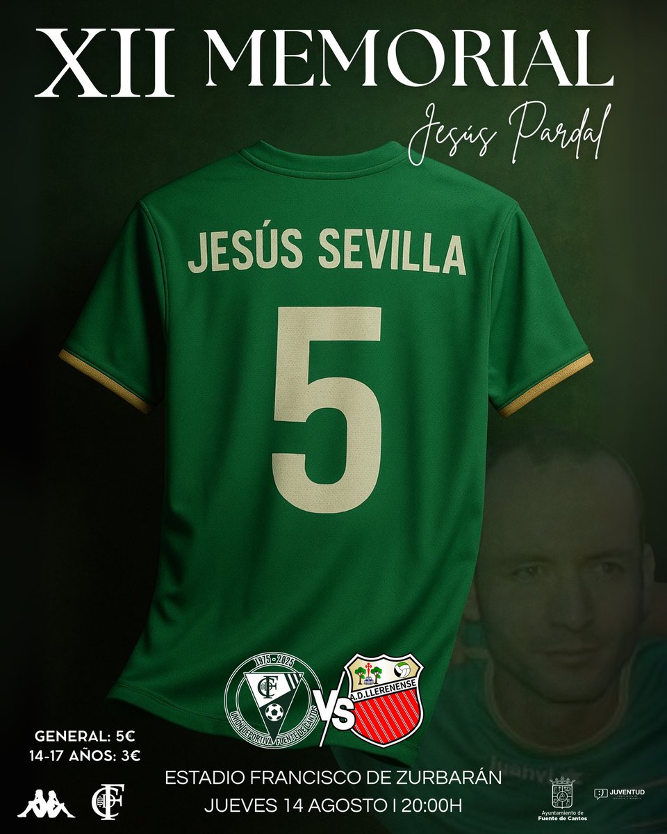 UDFDC's tweet photo. #MEMORIAL

🏆💚 Este 14 de agosto rendimos homenaje a nuestro eterno capitán en el XII Memorial Jesús Pardal “Sevilla”.

⚔️ @UDFDC vs @adllerenenseof 
🏟️ Estadio Francisco de Zurbarán
🕗 Jueves 14 agosto - 20:00h

🎟 General: 5€ | 14-17 años: 3€

#ApostandoAlVerde https://t.co/RzBflrz9xp