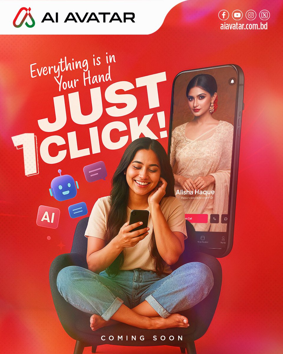 aiavatarbdltd's tweet photo. Feeling lonely? Need advice? Or just someone to listen? ❤️
With AI Avatar, real conversation and care are just 1 click away. 📱✨
#AIAvatar #JustOneClick #AlwaysHereForYou #YourAICompanion #BangladeshTech #ComingSoonBD #VirtualBestFriend #HumanLikeAI #OneClickCare #LifeMadeEasier