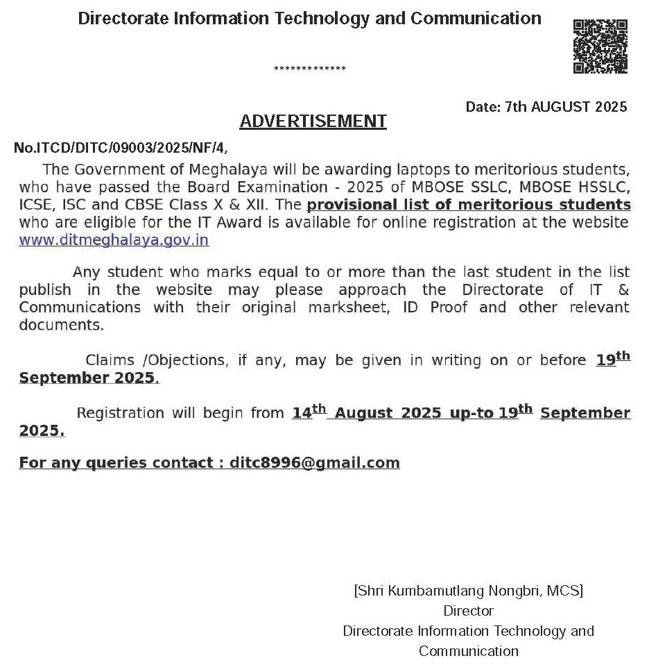 MeghalayaGov's tweet image. Public Notice for the #Registration of #MeritoriousStudents for #LaptopAward for the Academic Year 2025 @DiprMeghalaya #MBOSE #SSLC #HSSLC #ICSE #ISC #CBSE (meghalaya.gov.in/sites/default/…)