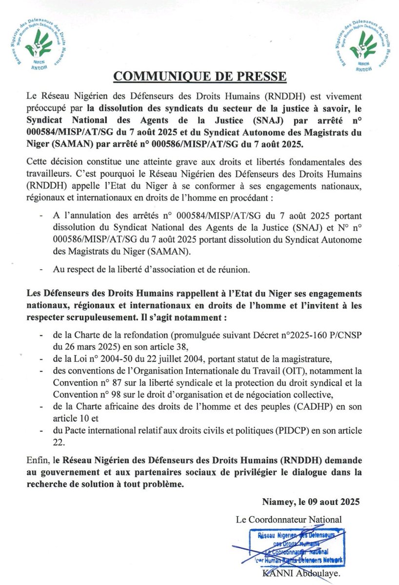 #Niger: Le RNDDH qualifie la dissolution des syndicats du secteur judiciaire "d'atteinte grave aux droits et libertés fondamentales des travailleurs." Plus de détails👇