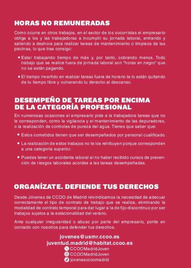 Jóvenes CCOO de Madrid (@ccoomadridjoven) on Twitter photo SOCORRISTAS EN LUCHA🔥
🚫 Horas extra sin pagar.
🚫 Tareas que no corresponden a tu categoría.
🚫 Riesgos laborales.
📢 ORGANÍZATE, ponte en contacto con nosotras:
📩juventud.madrid@habitat.ccoo.es
📩jovenes@usmr.ccoo.es
#quenotequemen #veranoprecario #socorristas SOCORRISTAS EN LUCHA🔥
🚫 Horas extra sin pagar.
🚫 Tareas que no corresponden a tu categoría.
🚫 Riesgos laborales.
📢 ORGANÍZATE, ponte en contacto con nosotras:
📩juventud.madrid@habitat.ccoo.es
📩jovenes@usmr.ccoo.es
#quenotequemen #veranoprecario #socorristas