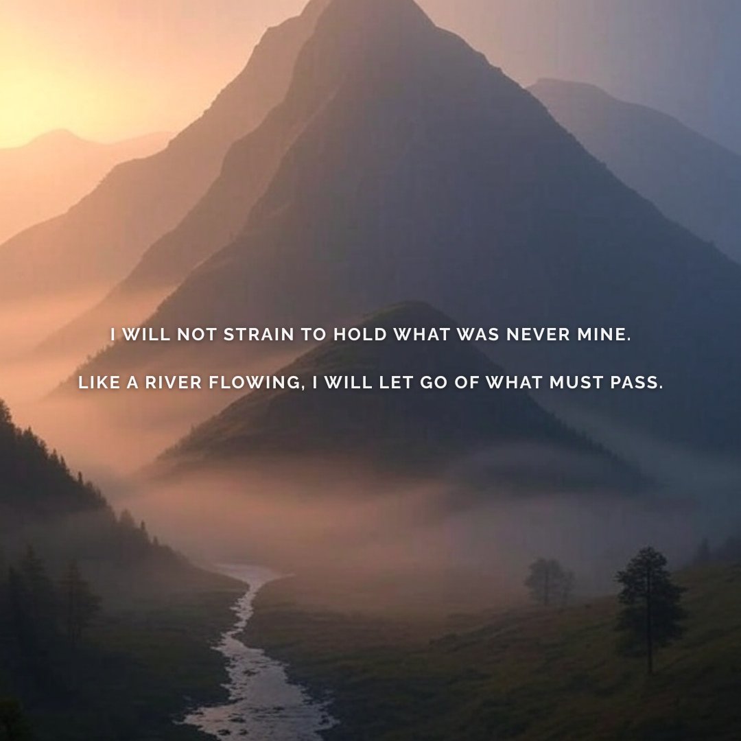 I will not strain to hold what was never mine.

Like a river flowing, I will let go of what must pass.

What truly belongs to me will find its way back. So I walk light-hearted, emptying greed from my soul.